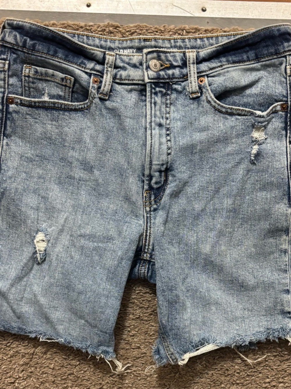Old Navy Woman’s 10 High Rise Light Blue Distressed Denim Long Cut Off Shorts